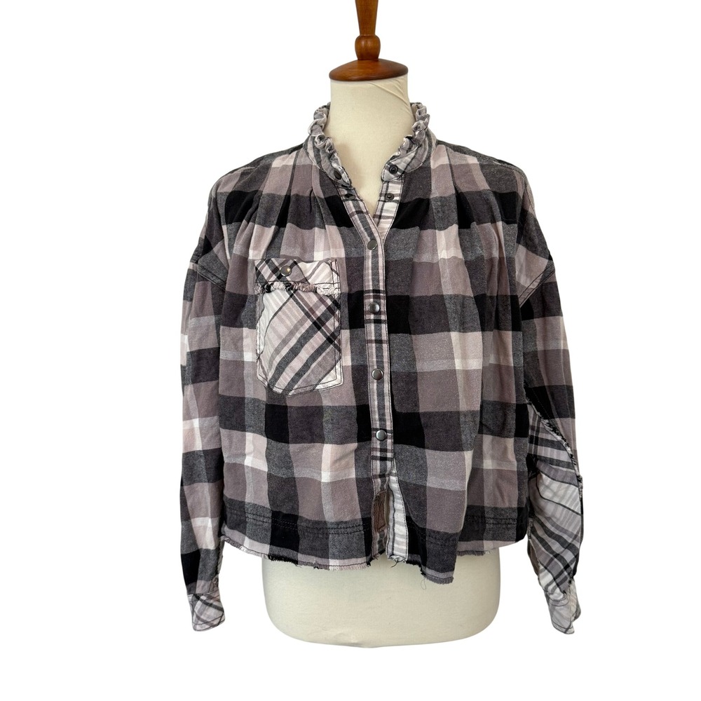 We The Free Free People Plaid Ruffle Snap Button Shirt Grey Lavender S Grunge